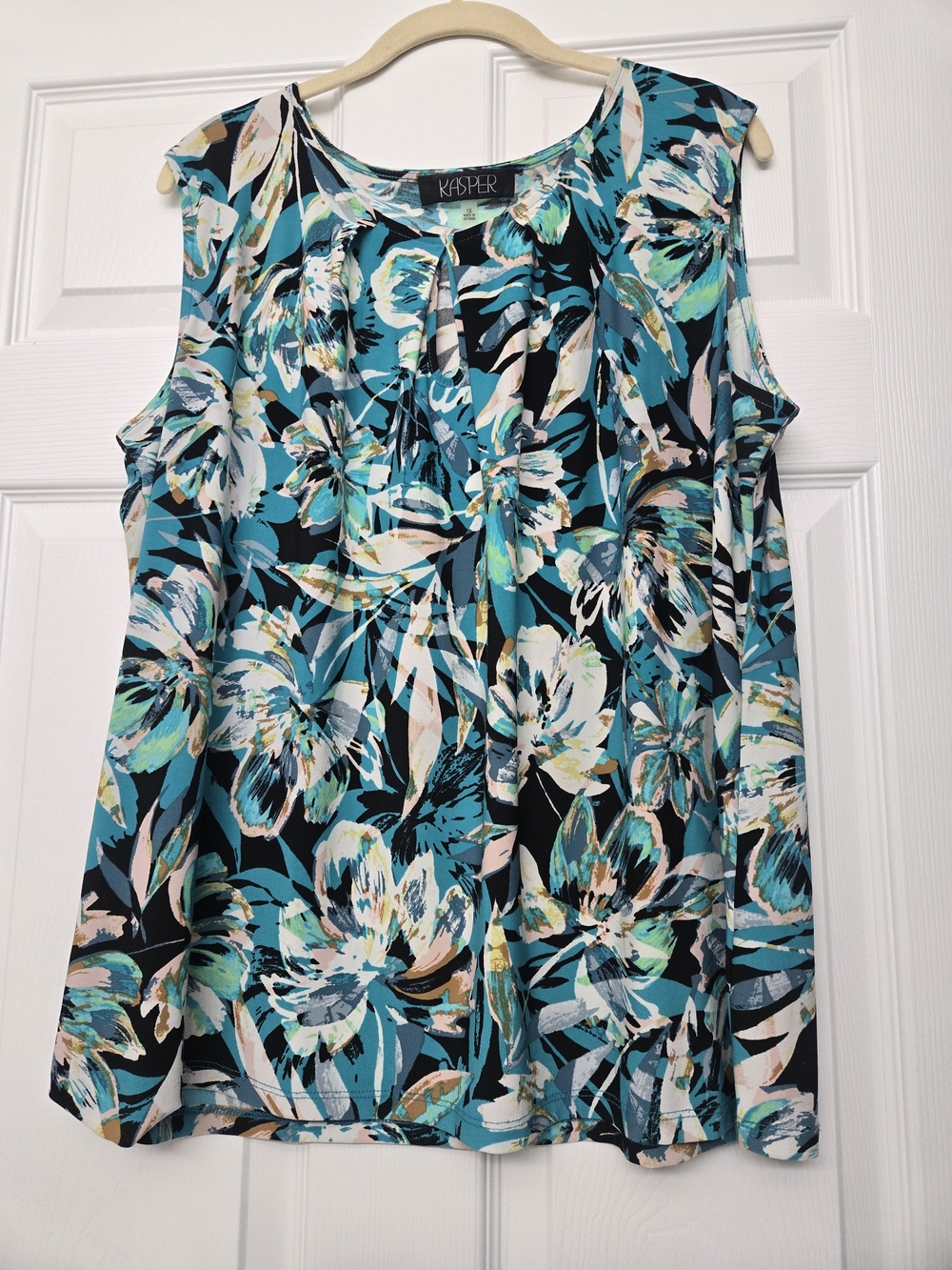 Kasper Teal Floral Sleeveless Top